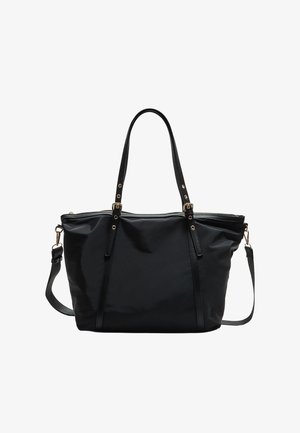 Crna torba u obliku toke napravljena od glatkog materijala s dvije ručke i podešavanom naramenicom. Ima zatvaranje na patentni zatvarač i zlatne metalne detalje.