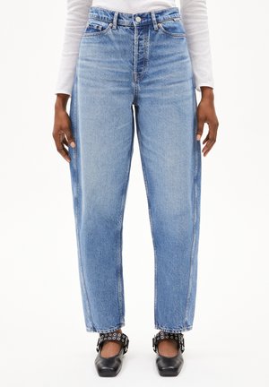 Light blue high-waisted jeans with a straight leg fit, featuring five pockets, belt loops, and visible stitching details.