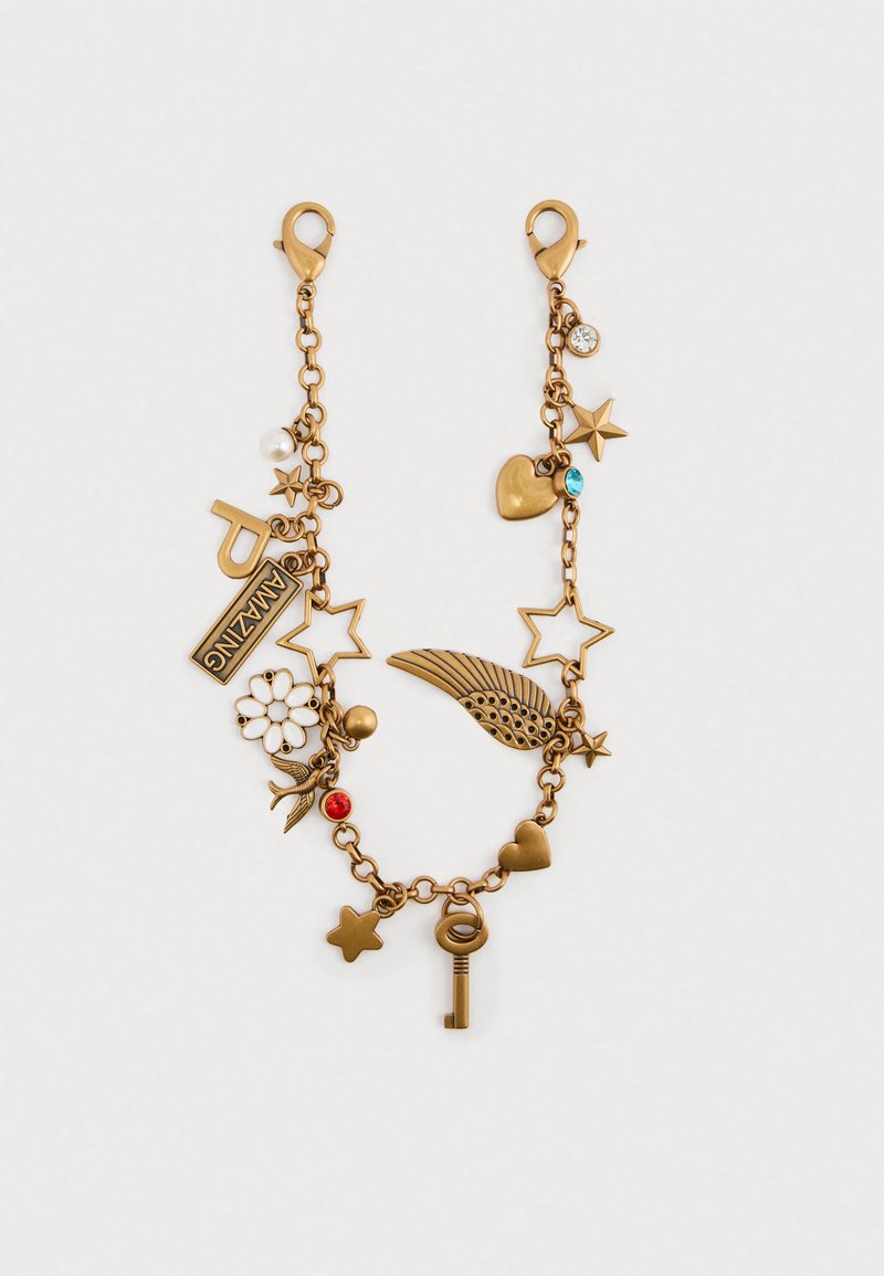 Bracciale in bronzo con ciondoli vari: cuore, stella, ala, fiore e chiave. Include perline decorative e chiusure a clip.