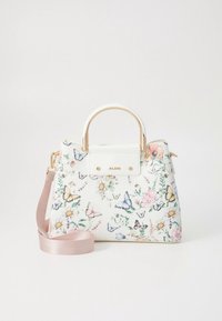 Blomstermønster håndveske med hvit bunn, gull detaljer og en avtakbar rosa skulderrem. Har sommerfugler og fargerike blomster.