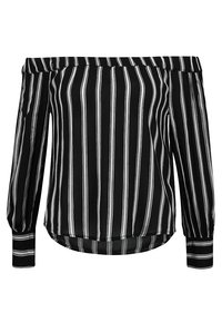 Blouse à rayures noires et blanches, décolletée sur les épaules, avec des manches bouffantes longues, un ourlet droit et une texture de tissu légère et douce.