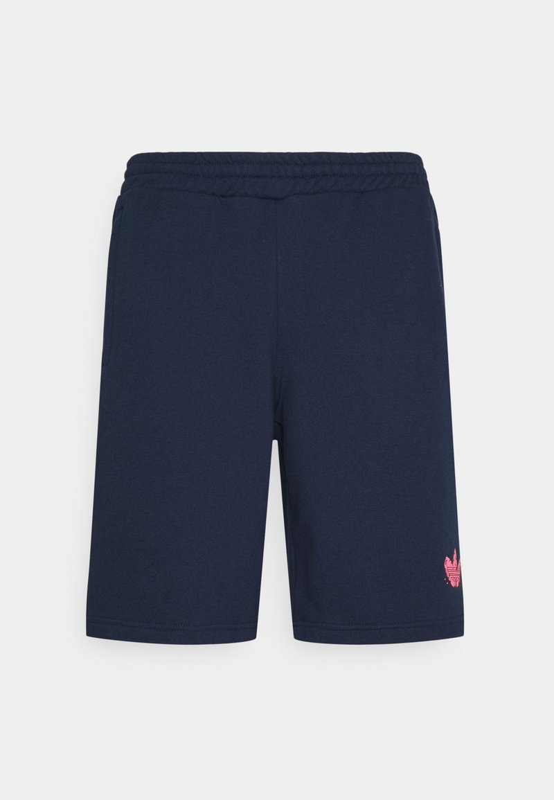 Pantalones cortos de algodón azul marino con cintura elástica, bolsillos laterales y un detalle de logo rosa en el muslo izquierdo. Longitud hasta la mitad del muslo, textura suave.