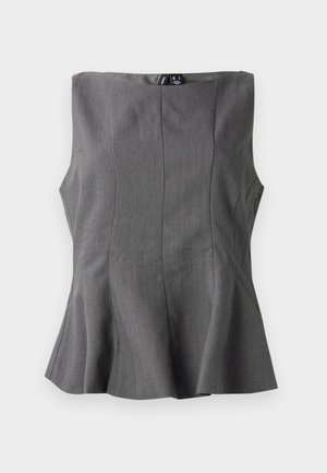 Haut peplum gris avec un design structuré et sans manches. Fabriqué en tissu lisse, doté de coutures verticales et d'un décolleté droit.