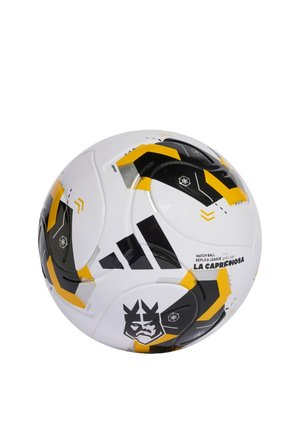 Pelota de fútbol blanca con patrones geométricos negros y amarillos, logo de Adidas y texto "Match Ball Replica League La Caprichosa."