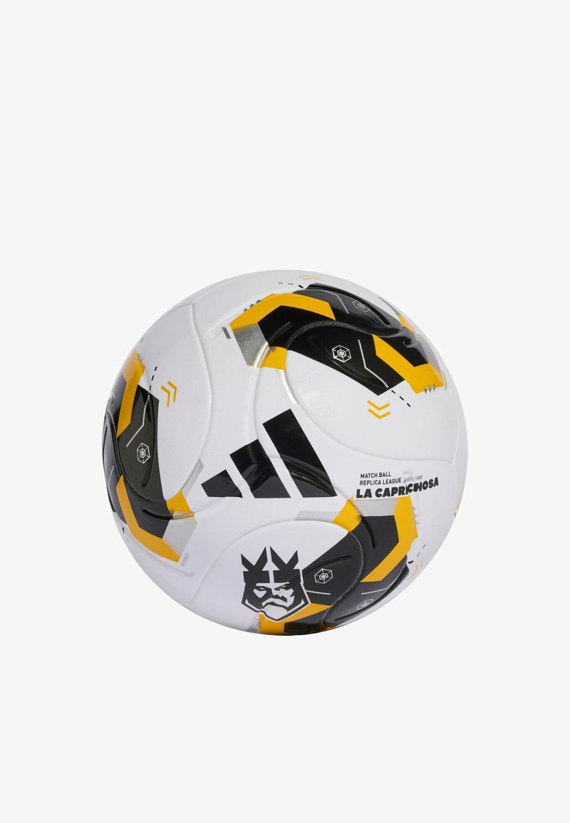 Hvid fodbold med sorte og gule geometriske mønstre, Adidas-logo og teksten "Match Ball Replica League La Caprichosa."