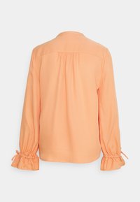 Blouse à manches longues couleur pêche avec empiècement froncé au dos et poignets élastiqués noués avec de petits nœuds, présentée sur un fond uni.