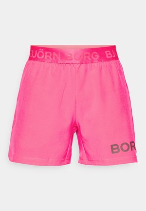 Ryškiai rožinės šortai, pagaminti iš lygaus audinio, su plačiu juosmeniu, ant kurio yra prekės ženklo pavadinimas "BJÖRN BORG", ir juodu logotipo detaliu šone.