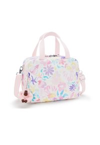 Bolsa de mano con estampado floral en tonos rosas, de forma rectangular, hecha de material sintético suave, con asas superiores dobles, correa de hombro ajustable y detalle de charm.