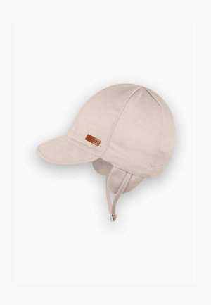 Beige bomulds(cap) med en buet skygge, øreflapper og justerbar hage-rem. Har et brunt lædermærke på siden.