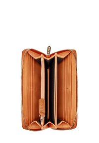 Tan leather wallet with a zip closure, featuring multiple card slots, a central compartment, and a smooth texture. Inside is black fabric lining.