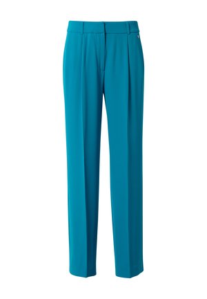 Teal kleurige broek van gladde stof, met een getailleerde pasvorm, plooien aan de voorkant en een tailleband met een discreet logo detail.