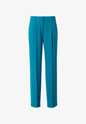 Teal kleurige broek van gladde stof, met een getailleerde pasvorm, plooien aan de voorkant en een tailleband met een discreet logo detail.