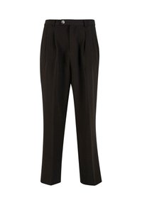 Pantalones negros hechos de una tela suave, con un diseño a medida, pliegues en la parte delantera, un cierre de un solo botón y piernas rectas.
