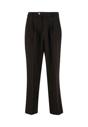 Pantalons noirs en tissu doux, avec un design élégant, des plis à l'avant, une fermeture à bouton unique et des jambes droites.
