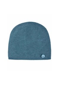 Bonnet tricoté en bleu profond, avec une texture côtelée et un sommet arrondi. Comprend une étiquette circulaire avec "paz" en accent bleu clair.