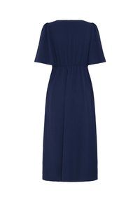 Robe midi bleu marine avec manches courtes, encolure carrée et taille élastiquée.