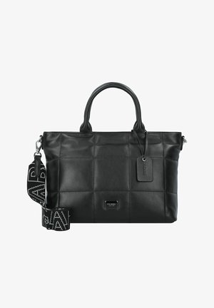 Black leather tote bag with quilted design, rounded top handles, adjustable striped shoulder strap, and metal brand tag on front.