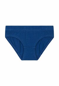 Modré bavlnené slipy s hladkým povrchom, elastickým pásom a jednoduchým dizajnom. Šité okraje a minimálne detaily.