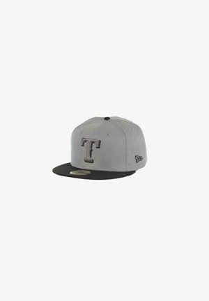 Gray baseball cap with a black brim, featuring a raised "T" logo and six-panel construction. Made of fabric with stitched detailing.