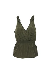 Top senza maniche color verde oliva con scollatura a V profonda, spalline regolabili e vita elastica. Texture liscia con una vestibilità comoda.