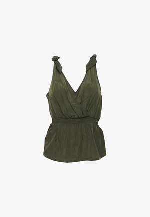 Top senza maniche color verde oliva con scollatura a V profonda, spalline regolabili e vita elastica. Texture liscia con una vestibilità comoda.