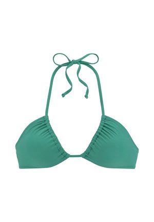 Teal green bikini top with triangle cups and adjustable thin neck and back ties on a white background.