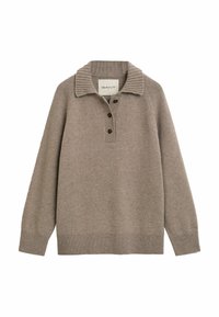 Maglione lavorato a maglia taupe a maniche lunghe con colletto a coste, patta con tre bottoni e polsini e orlo a coste.