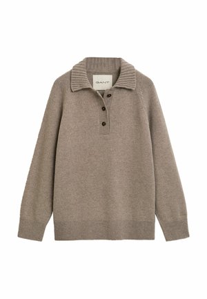 Taupe long-sleeve knit sweater with ribbed collar, placket featuring three buttons, and ribbed cuffs and hem.