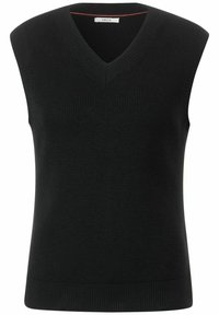 Top nero senza maniche in maglia con scollo a V, caratterizzato da una texture a costine e un design semplice. Dettagliato con una cucitura rossa a contrasto all'collo.