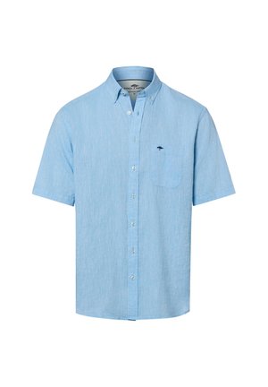 Light blue short-sleeve button-up shirt with a front pocket and a small dark embroidered logo on the pocket.