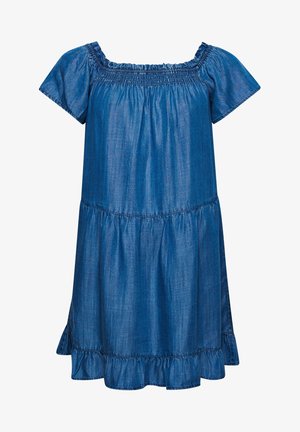 Robe en denim avec manches courtes bouffantes, encolure froncée et ourlet à volants à niveaux. Couleur bleu profond avec texture lisse et design décontracté.