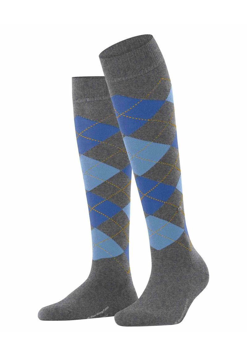 Calze fino al ginocchio grigie con un motivo argyle caratterizzato da forme di diamante blu e accenti gialli. Realizzate in materiale morbido ed elastico.