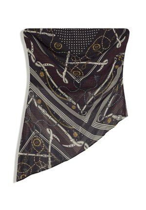 Schwarzes quadratisches Tuch mit bedruckten Mustern aus weißen Gurten, goldenen Ketten, Schiffssteuerungen und kleinen weißen Punkten auf rotem und schwarzem Hintergrund.