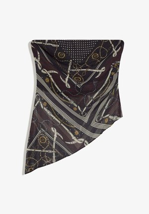 Foulard carré noir avec des motifs imprimés de ceintures blanches, chaînes dorées, roues de bateau et petits points blancs sur fond rouge et noir.