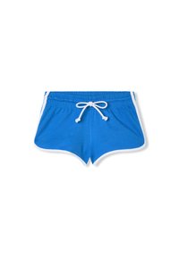 Pantaloni corti in cotone blu con cordino bianco e rifiniture a contrasto, caratterizzati da una vestibilità rilassata e un design con orlo arrotondato.