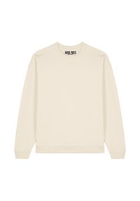 Felpa lunga color crema con maniche lunghe, collo rotondo e polsini a costine, caratterizzata da una texture sottile e orlo dritto.