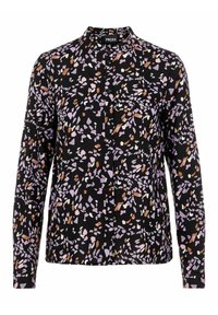 Blouse noire à manches longues avec un motif abstrait coloré en violet, orange et blanc. Présente un col et une fermeture à bouton.
