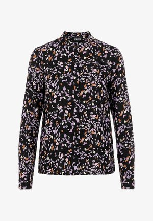 Pitkähihaista mustaa paitaa, jossa on värikäs abstrakti kuvio purppuran, oranssin ja valkoisen sävyissä. Varustettu kauluksella ja nappikiinnityksellä edessä.