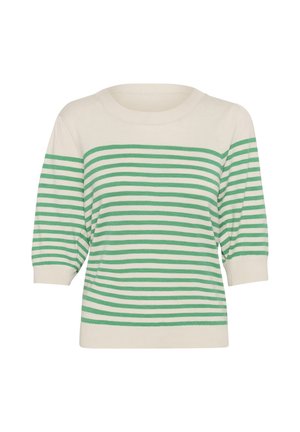 Dryžuotas megztinis kreminės ir žalios spalvų, su apvaliu kaklu ir trimis ketvirtadaliais ilgiais rankovėmis. Minkšta tekstūra ir tiesus kirpimas.