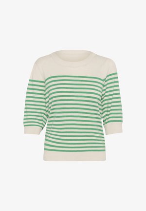 Triibuline kampsun kreemi ja rohelise värviga, ümmarguse kaelusega ja kolmanda neljandiku varrukatega. Pehme tekstuur ja sirge lõike disain.