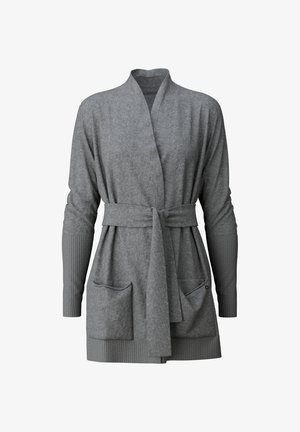 Cardigan grigio avvolgente realizzato in tessuto morbido. Presenta maniche lunghe, polsini a coste, vita con cintura e due tasche frontali. Senza motivi distintivi.