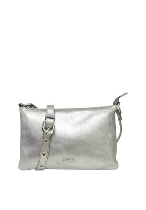 Borsa a tracolla rettangolare metallica argento con tracolla regolabile e piccolo logo BIASIA impresso al centro anteriore.