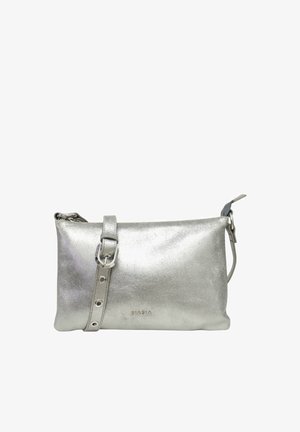 Borsa a tracolla rettangolare metallica argento con tracolla regolabile e piccolo logo BIASIA impresso al centro anteriore.