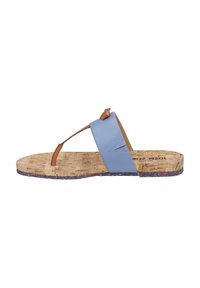 Blue leather flip-flop with a cork footbed, tan leather strap, and a colorful textured outsole. Features a minimalist design and lightweight construction.