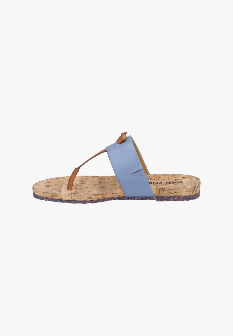 Blue leather flip-flop with a cork footbed, tan leather strap, and a colorful textured outsole. Features a minimalist design and lightweight construction.