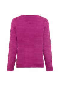 Fuchsia gebreide trui met ribbeltextuur, lange mouwen en een ronde halslijn, met een rechte zoom en zonder sluitingen.