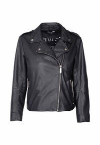 Sort lædermotorcykeljakke med lynlåsgylp, knaplukket krave og sidelommer med lynlås. Har en glat tekstur og tætsiddende design.