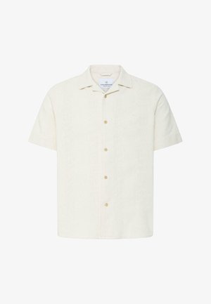 Beežist lühikeste varrukatega nööpidega särk kraega ja peente tekstuursete vertikaalsete triipudega.