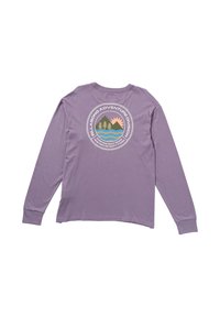 Long-sleeve lavender T-shirt featuring a circular graphic with green trees, mountains, a sun, and blue water, printed on the back.