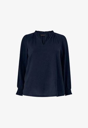 Navyblå bluse med lange ærmer, flæsekant ved krave og manchetter, V-udskæring, løs pasform, let tekstureret stof.